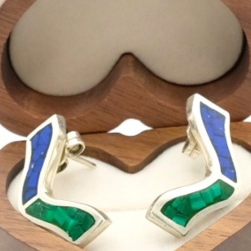 Signed Sterling Silver Lapis Lazuli Malachite Inlay Statement Earrings Artisan